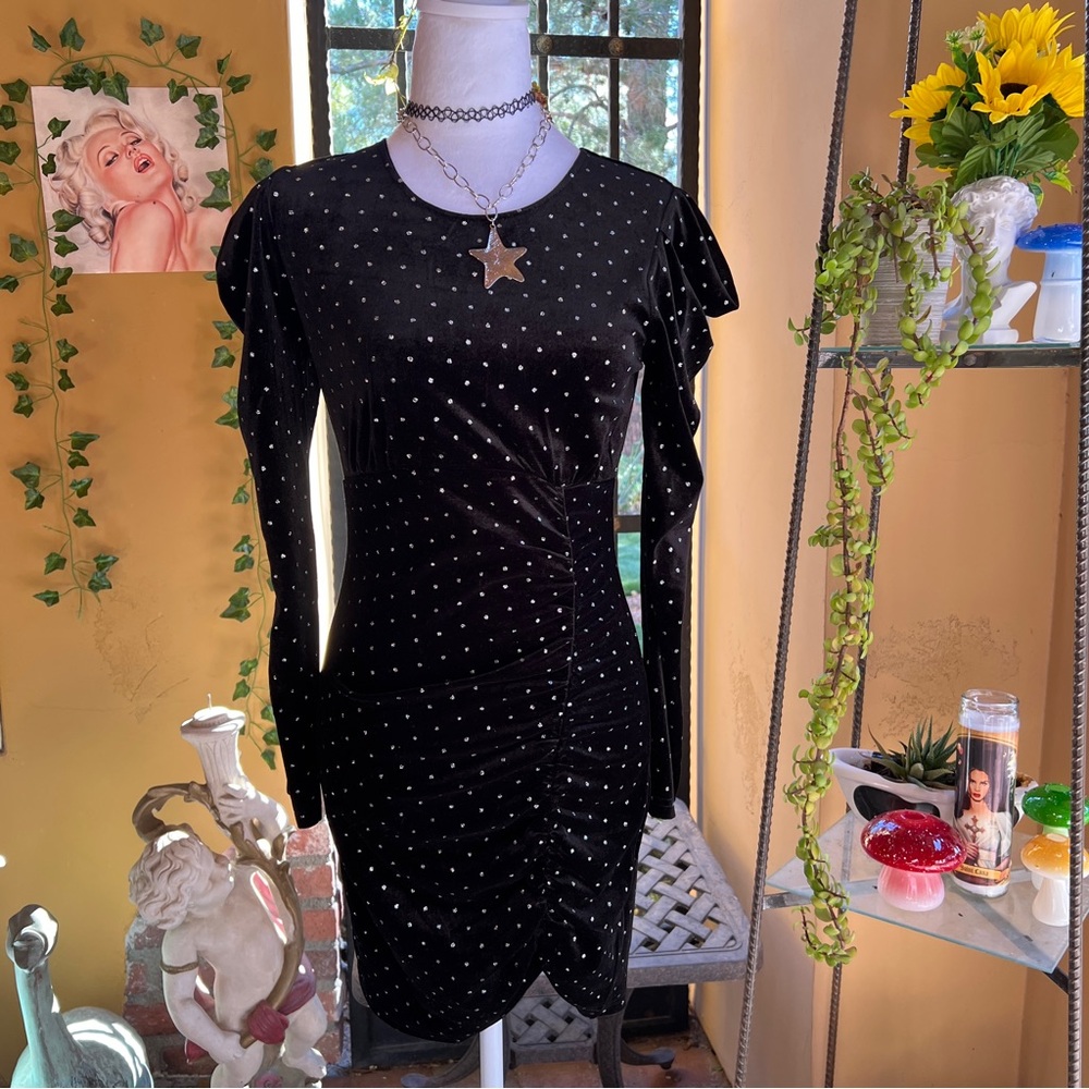Betsey Johnson Black Long Sleeve Bodycon Dress with Silver Sparkly Dots